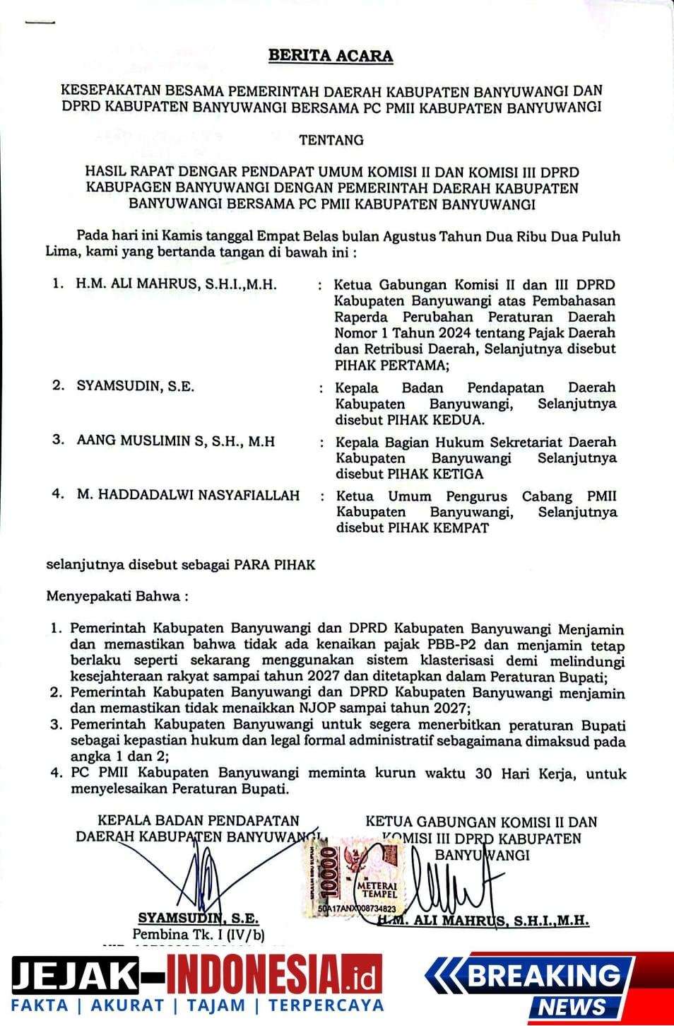 Janji di Atas Meterai: PBB-P2 dan NJOP Banyuwangi Aman sampai 2027