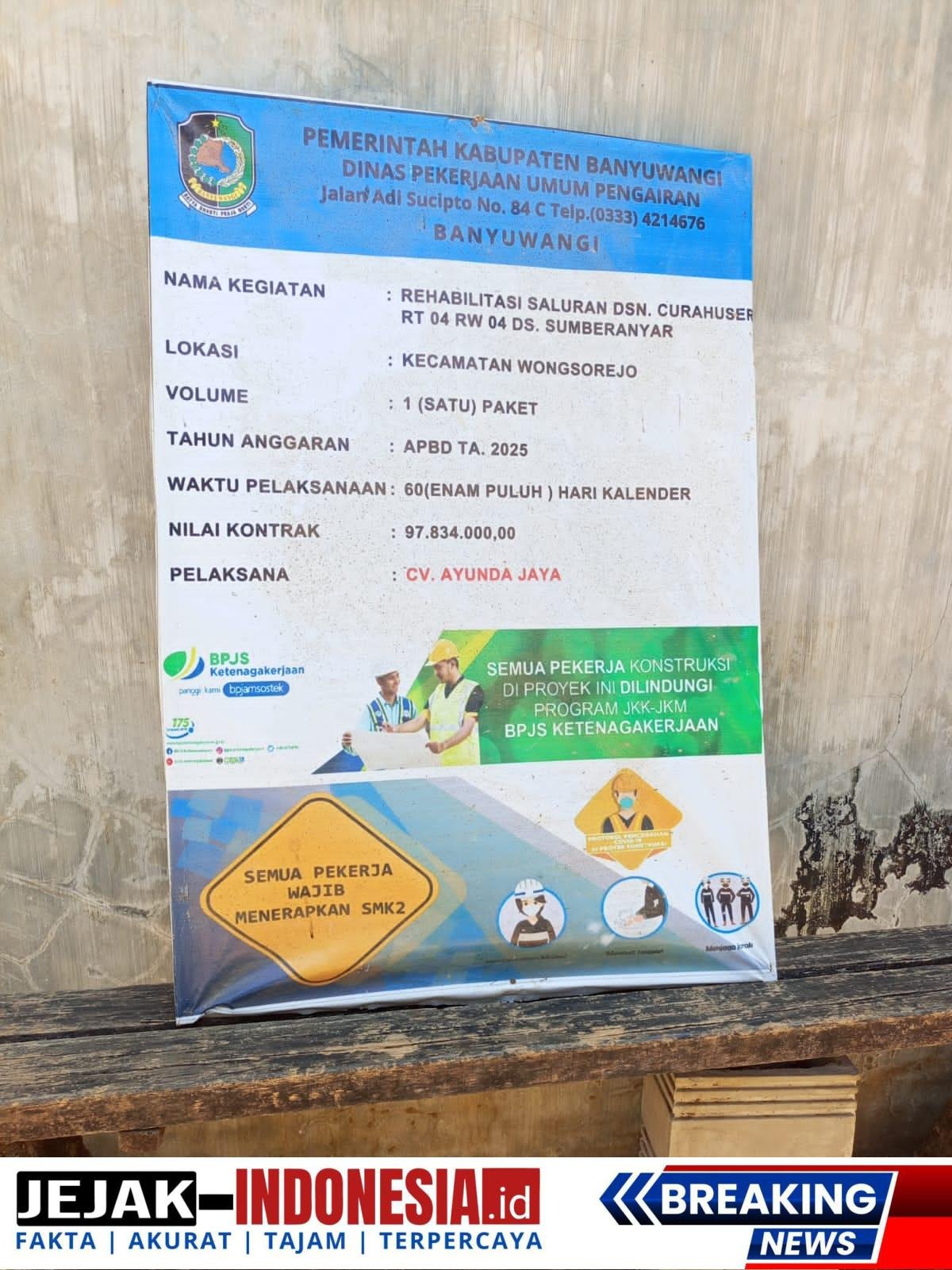 Proyek rehabilitasi saluran irigasi di Desa Sumberanyar Diduga Menyerobot Sebagian Lahan Milik Warga 