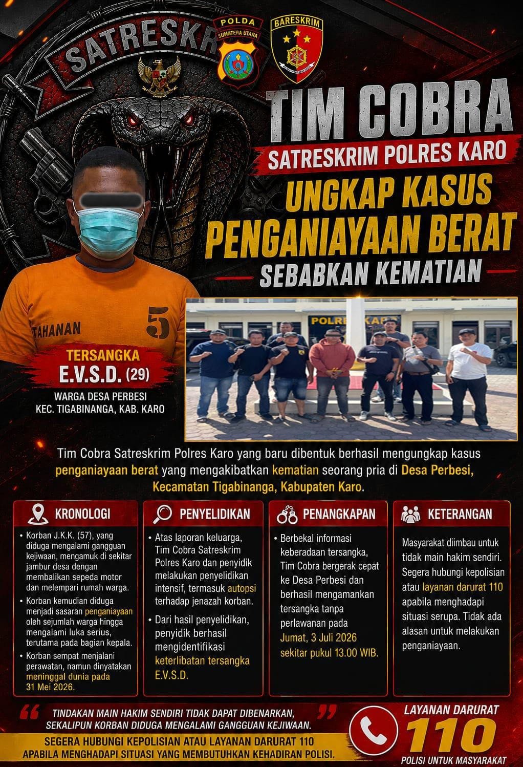 Bentuk Tim Cobra, Kasat Reskrim Baru Polres Karo Pimpin Ungkap Kasus Menonojol Penganiayaan Berat Sebabkan Kematian