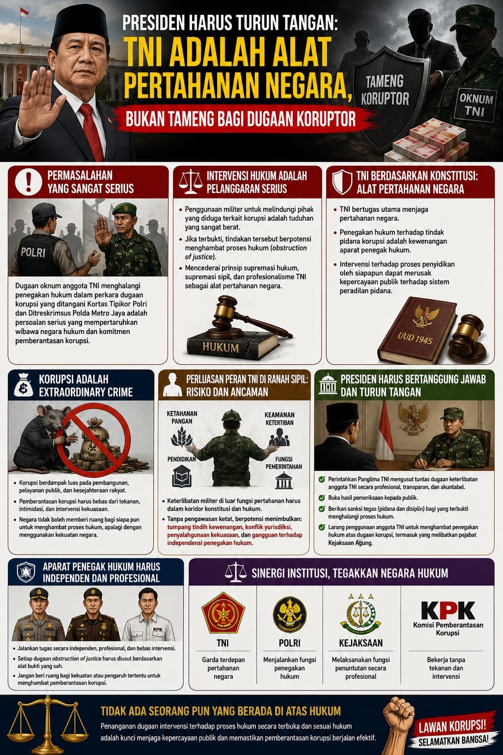 Presiden Harus Turun Tangan: TNI adalah Alat Pertahanan Negara, Bukan Tameng bagi Dugaan Koruptor