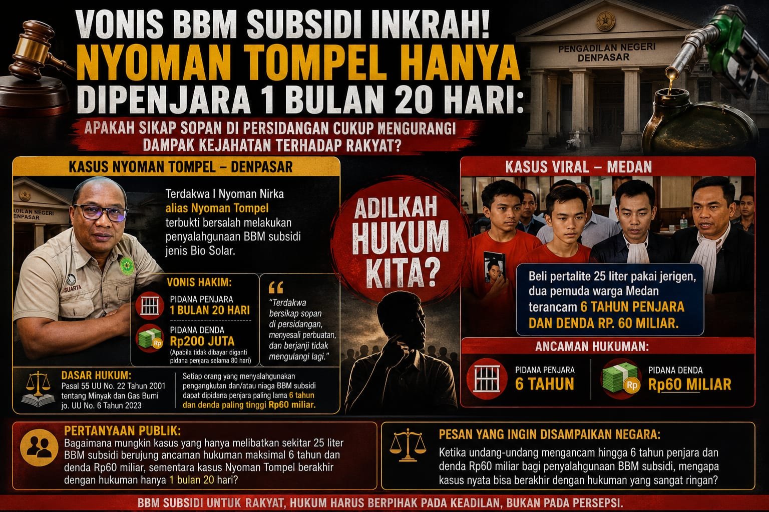 Inkrah! Vonis Penyalahgunaan BBM Subsidi Hanya 1 Bulan 20 Hari, Publik Pertanyakan Efek Jera dan Konsistensi Penegakan Hukum