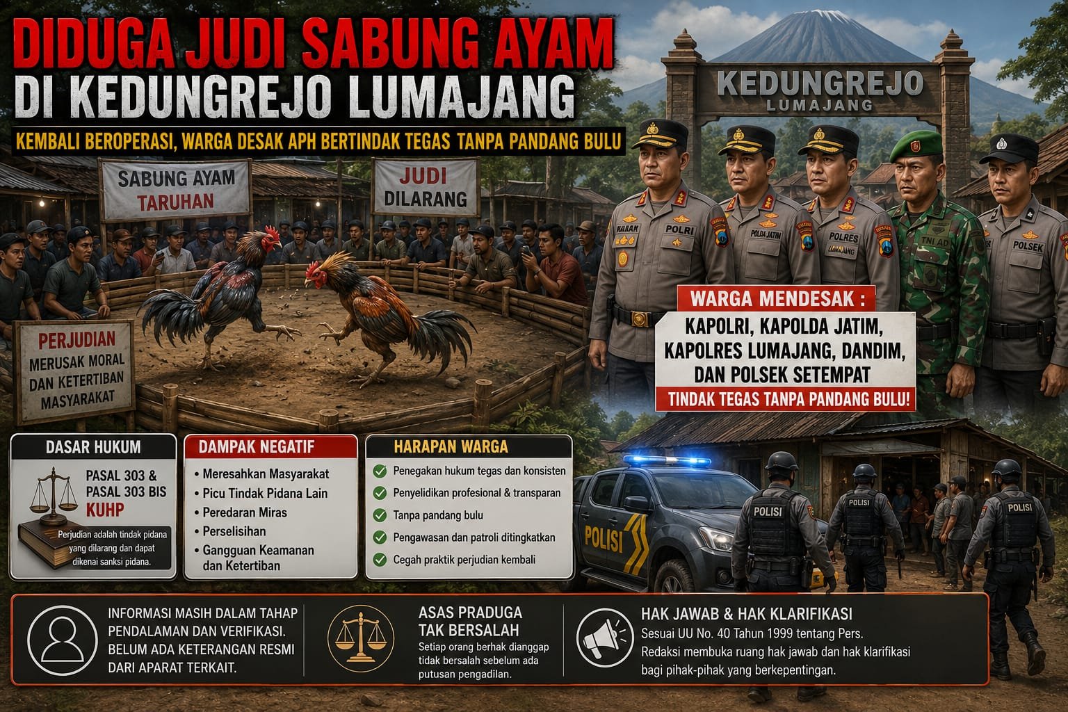Diduga Judi Sabung Ayam di Kedungrejo Lumajang Kembali Beroperasi, Warga Desak APH Bertindak Tegas Tanpa Pandang Bulu