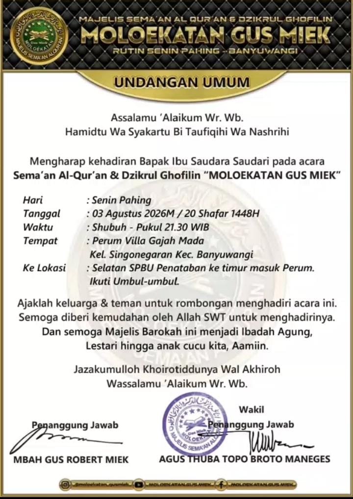 Majelis Moloekatan Gus Miek Kembali Gelar Sema’an Al-Qur’an dan Dzikrul Ghofilin di Banyuwangi, Masyarakat Diundang Hadir